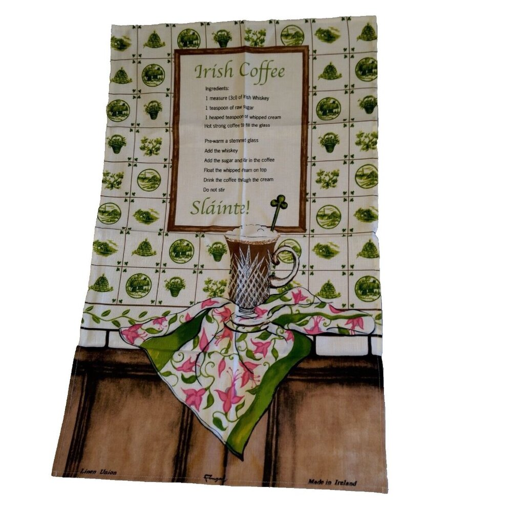 Fingal Irish Coffee Recipe Linen Tea Towel Kitchen Ireland Shamrock Slainte